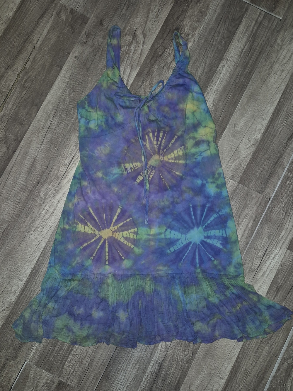 Tie-Dye Blue & Green Kids Sundress with Yellow Accents